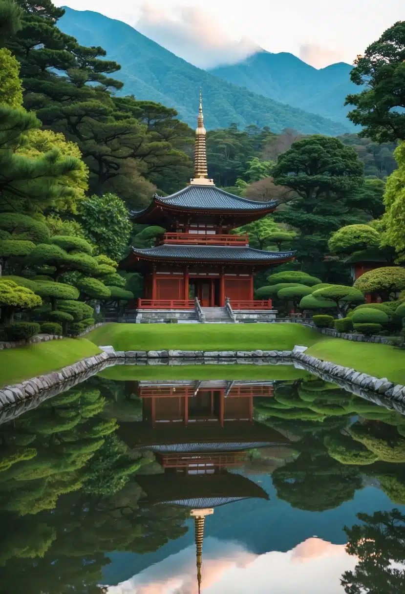 A serene Byodo-In Temple nestled among lush greenery, with a tranquil pond reflecting the iconic red pagoda and surrounding mountains