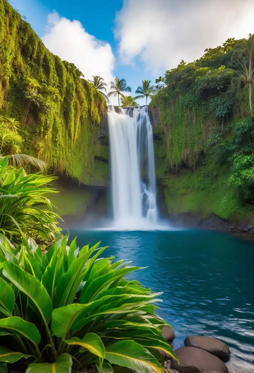 A lush waterfall cascades into a serene pool surrounded by vibrant tropical foliage in Waimea Valley, Oahu, Hawaii