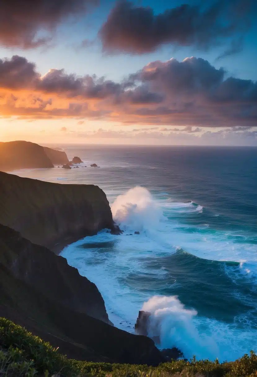 A panoramic view of Makapu'u Lookout, with rugged cliffs, crashing waves, and a vibrant sunset over the Pacific Ocean