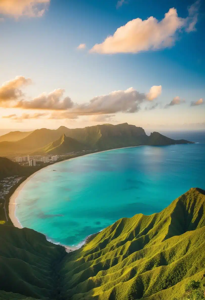 Lush green mountains and turquoise waters at sunrise on Oahu's North Shore