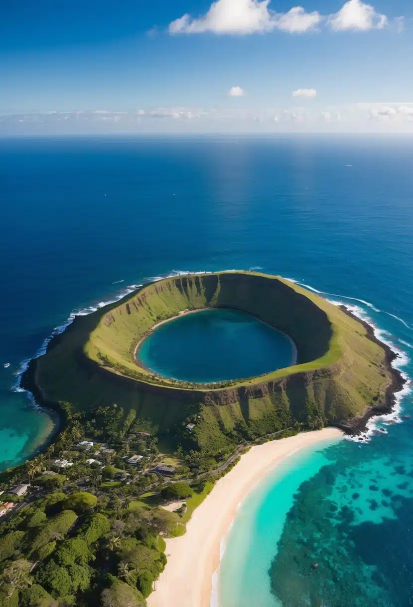 Aerial view of Oahu's iconic Diamond Head crater, surrounded by lush greenery and crystal-clear blue waters
