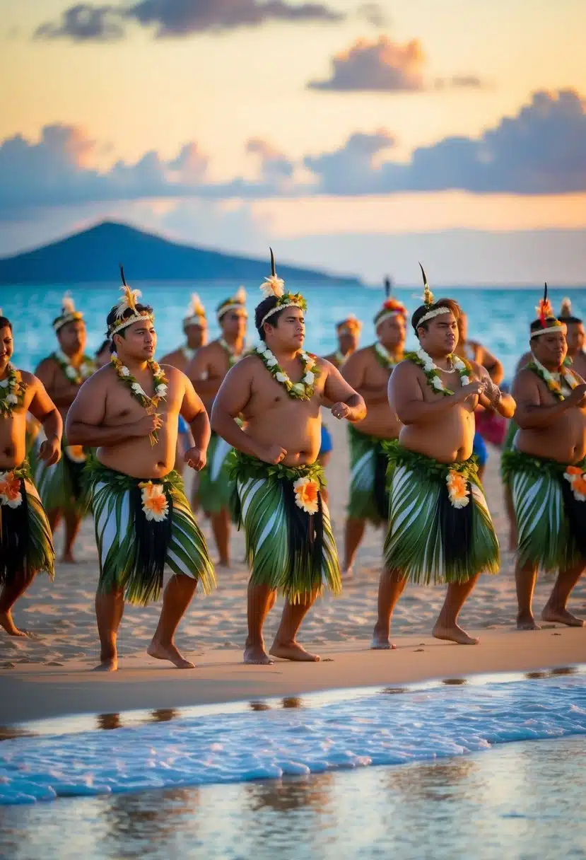 A traditional Hawaiian luau with dancers and musicians on a beach at sunset