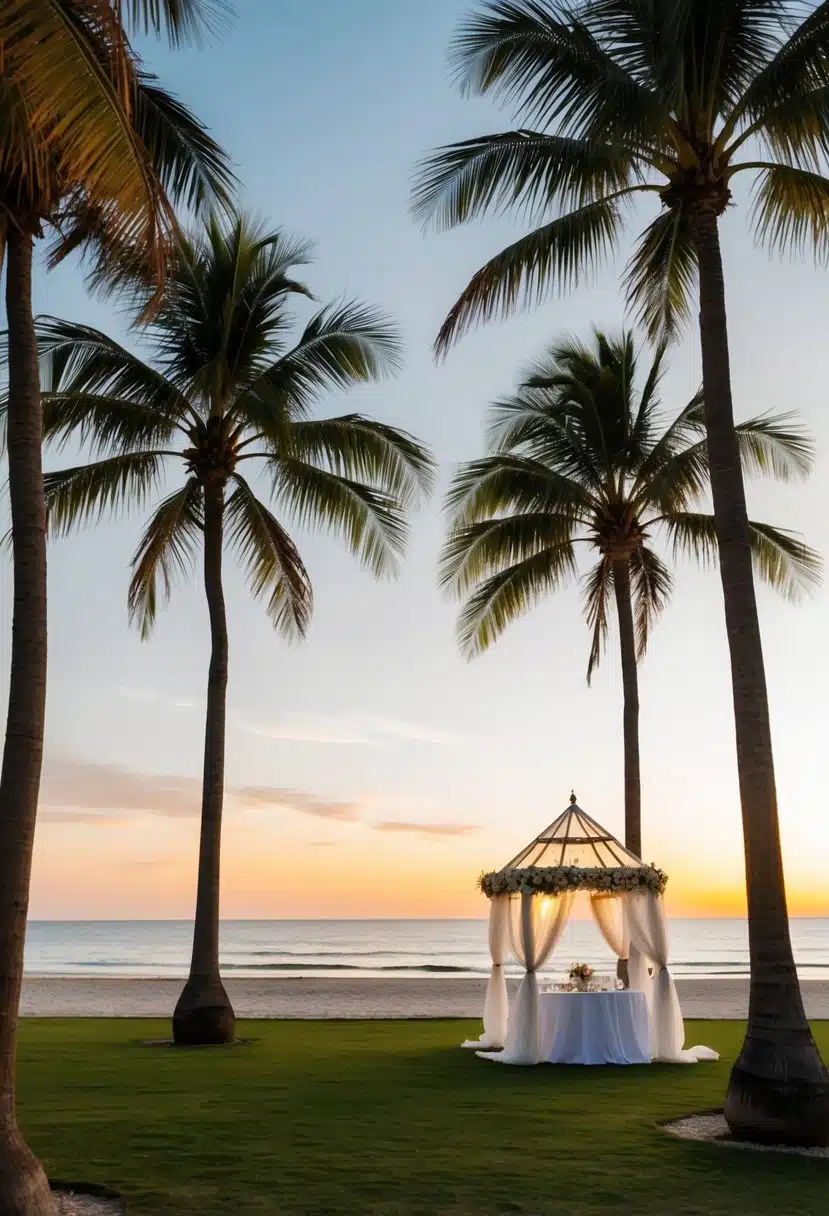 A beach with palm trees, a sunset, and a gazebo decorated for a wedding