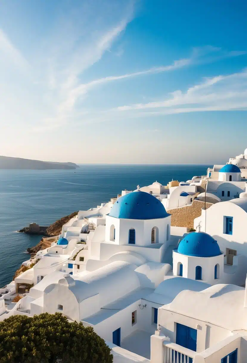 A picturesque coastal village with white buildings and blue domes overlooking the sparkling Aegean Sea