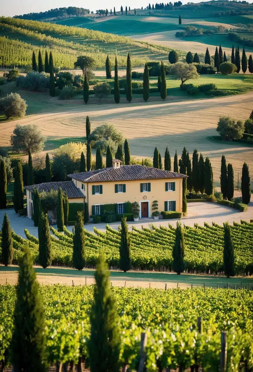 Rolling hills, vineyards, and cypress trees surround an elegant villa in Tuscany, Italy, creating a picturesque wedding destination