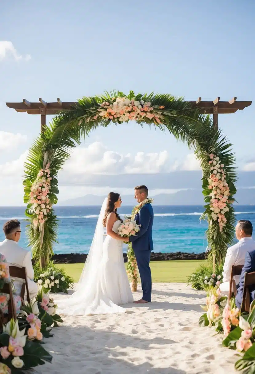 A beachfront wedding ceremony with a flower-adorned arch and a breathtaking ocean backdrop in Maui, Hawaii