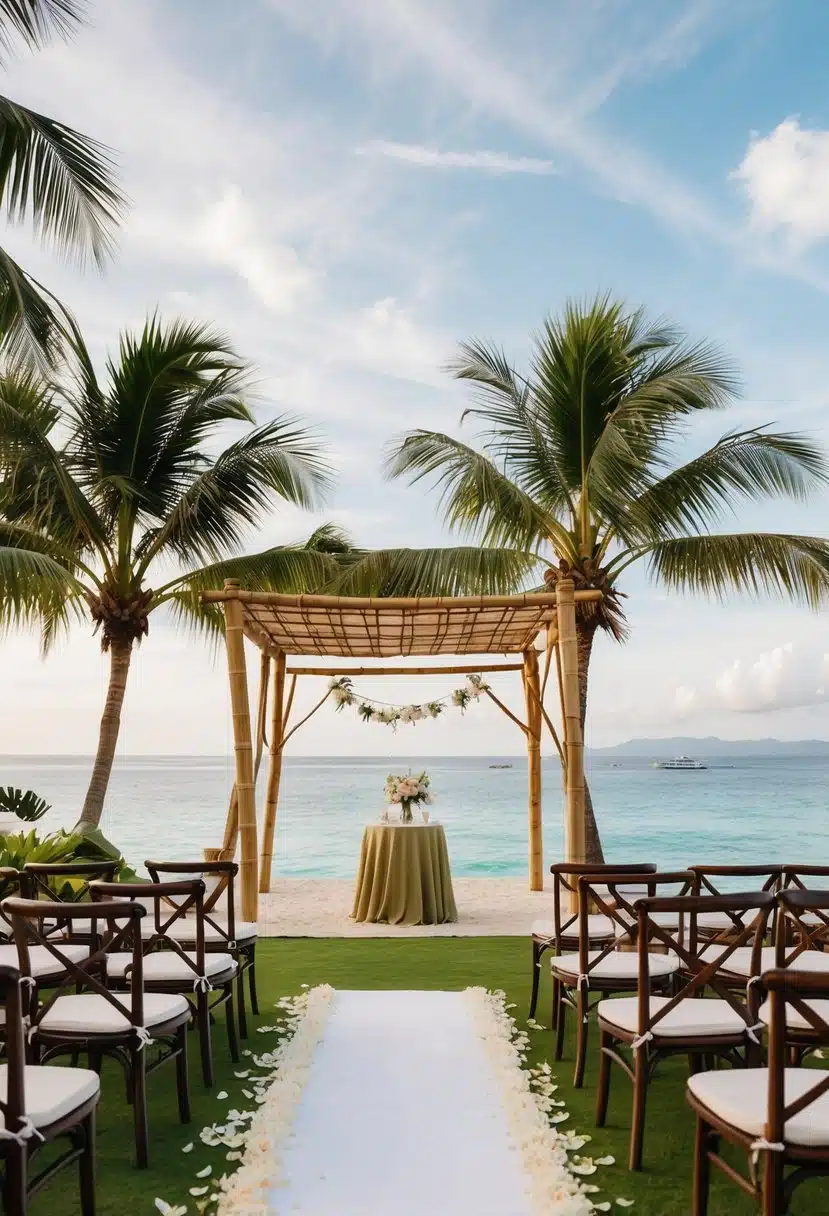 A lush tropical beach wedding with a bamboo canopy, flower petals, and an ocean backdrop in Bali, Indonesia
