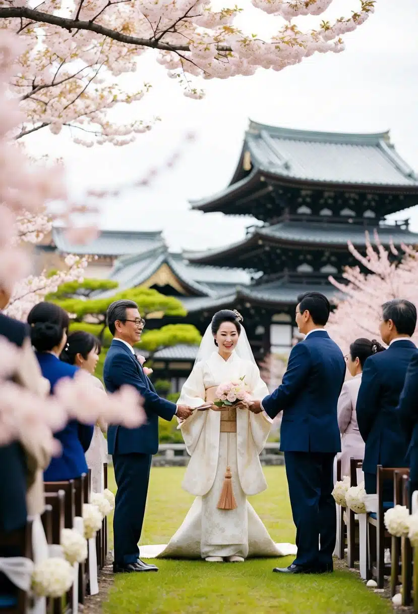 A traditional Japanese wedding ceremony in a serene Kyoto garden, with cherry blossoms in full bloom and a historic temple in the background