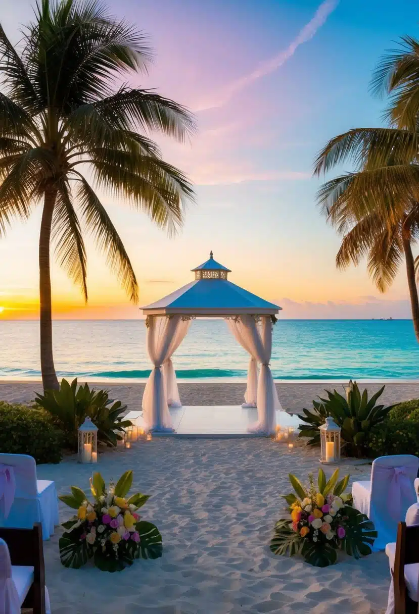 A serene beach with palm trees, crystal-clear water, and a colorful sunset. A romantic gazebo and tropical flowers complete the wedding destination scene