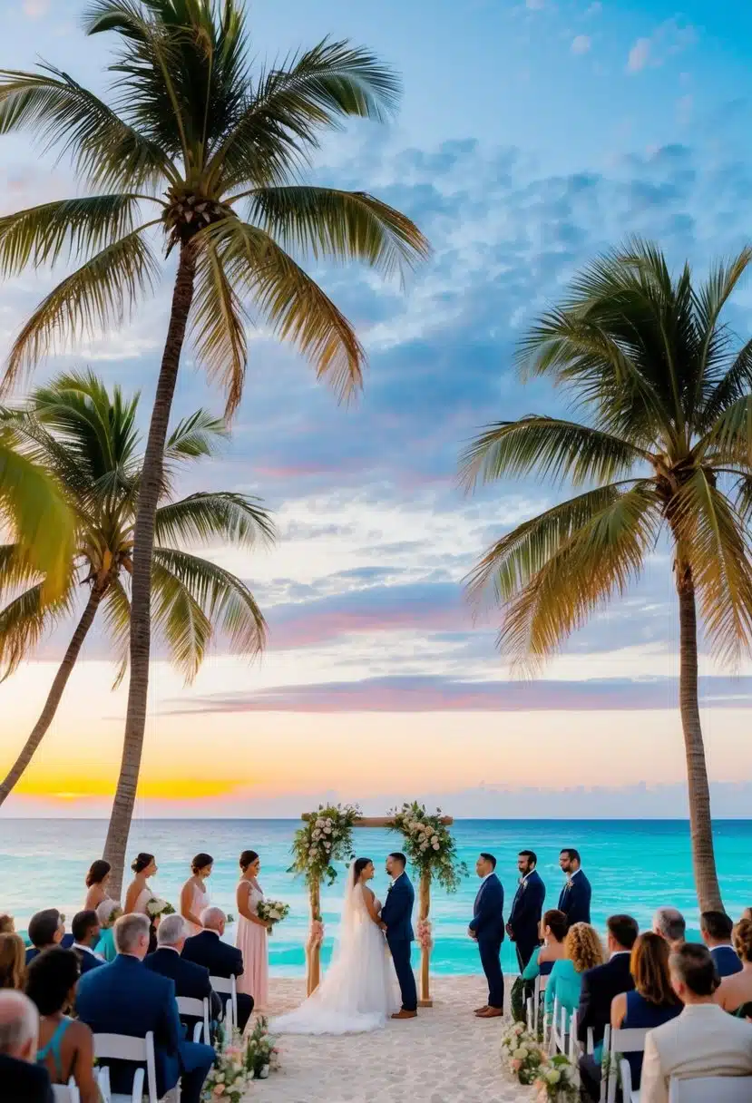 A beachside ceremony with palm trees, crystal clear waters, and a colorful sunset in the background