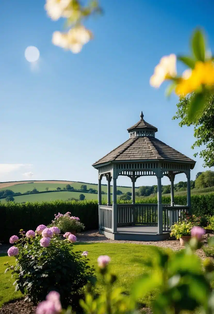 A lush garden with a gazebo and blooming flowers, set against a backdrop of rolling hills and a clear blue sky