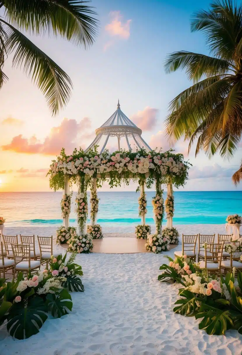 A lush tropical beach with a grand, flower-adorned gazebo, overlooking crystal-clear waters and a vibrant sunset. White sand, palm trees, and elegant decor create a picturesque setting for a luxurious destination wedding