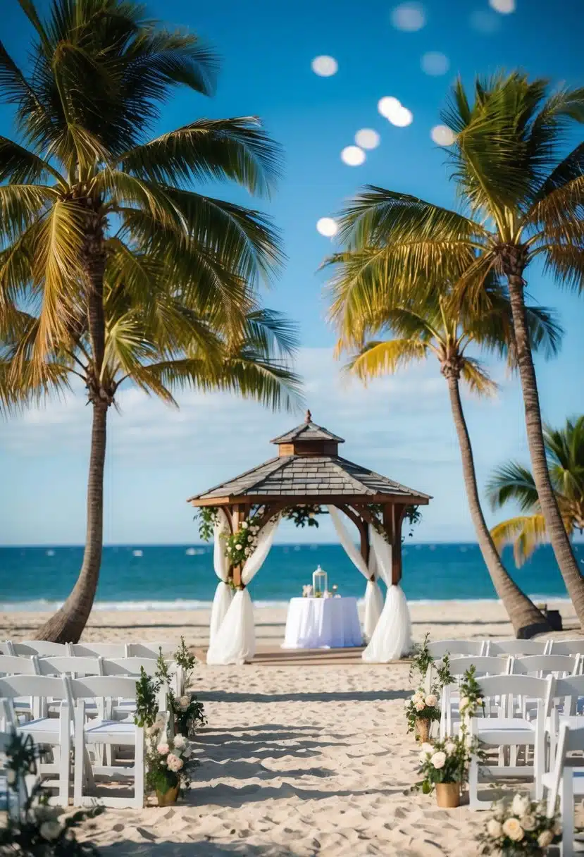 A beach with palm trees, a gazebo, and chairs set up for a wedding ceremony. The ocean is visible in the background