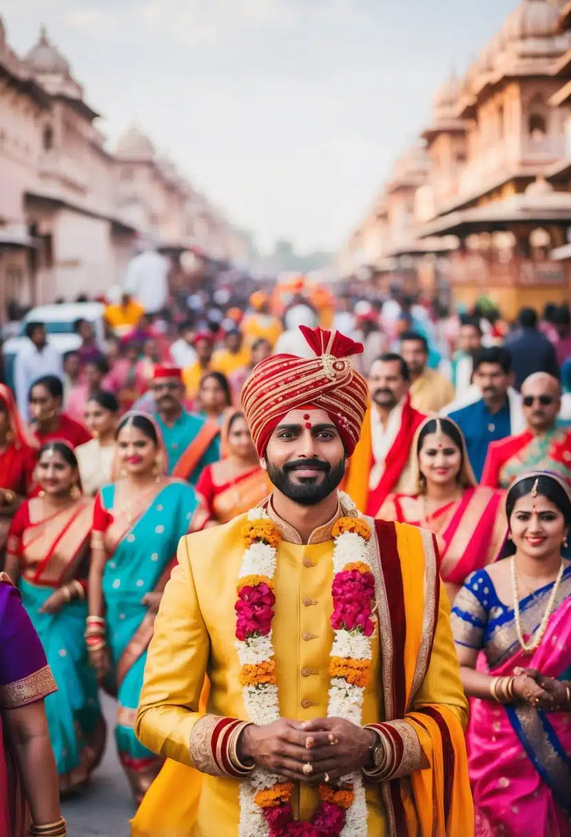 A vibrant Indian wedding procession winding through the streets of Jaipur, adorned with colorful fabrics and traditional music