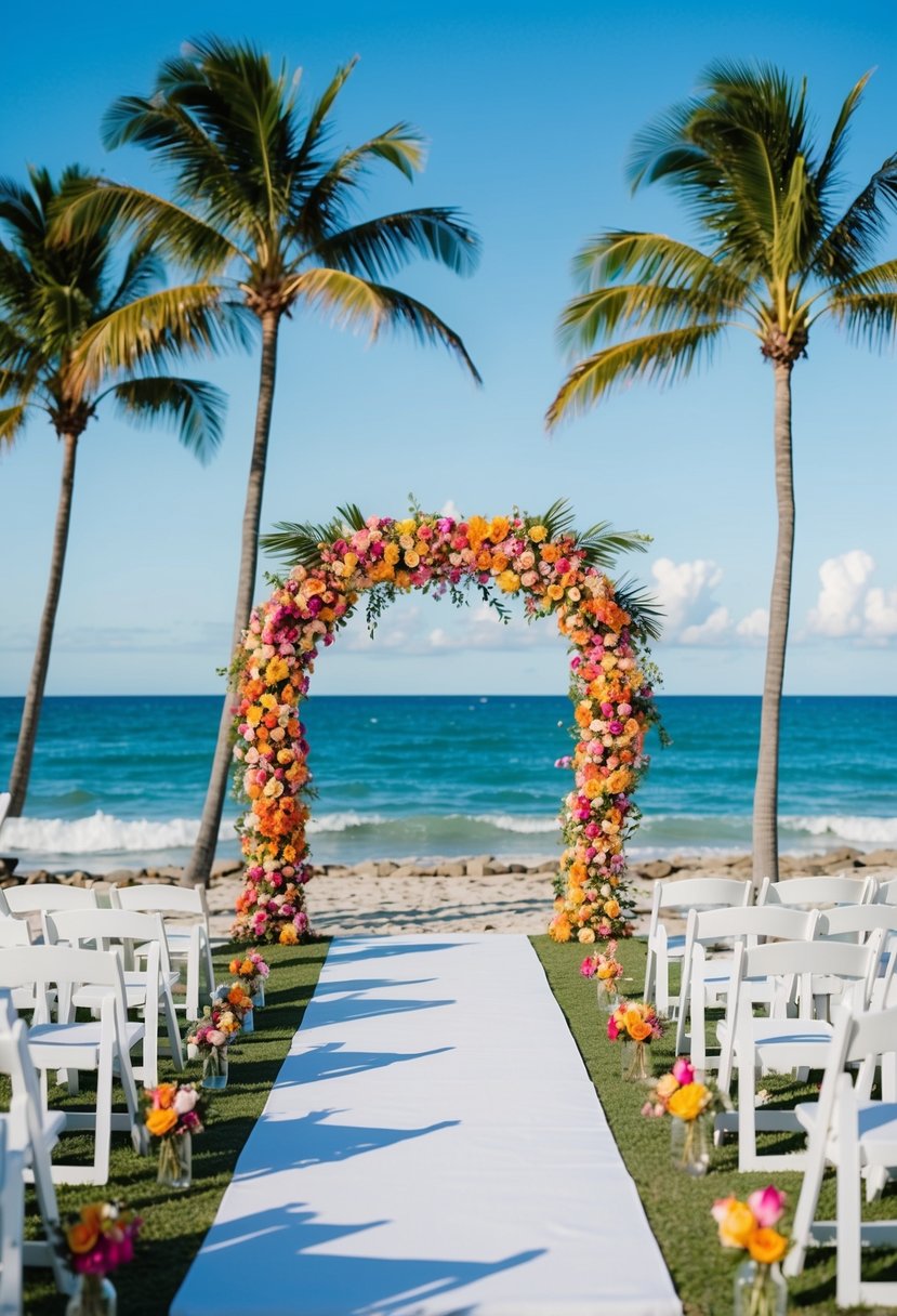 A beachfront ceremony with colorful floral arch, white chairs, and ocean backdrop. Palm trees and a clear blue sky complete the tropical setting