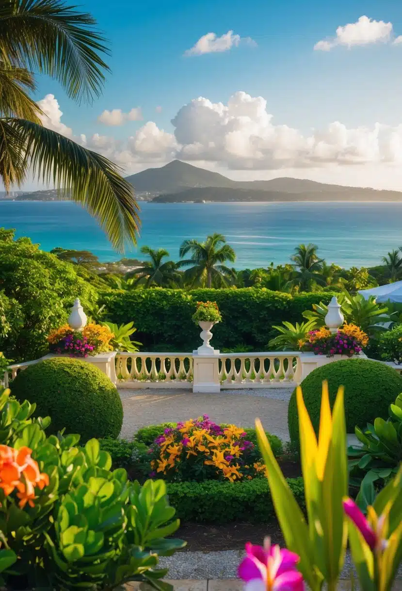 A lush garden setting at Rose Hall Great House, with colorful tropical flowers and a picturesque view of the Jamaican coastline