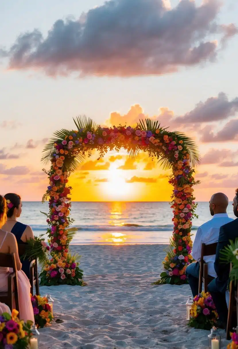 A vibrant Negril sunset illuminates a beach ceremony, with colorful floral arrangements and a romantic atmosphere