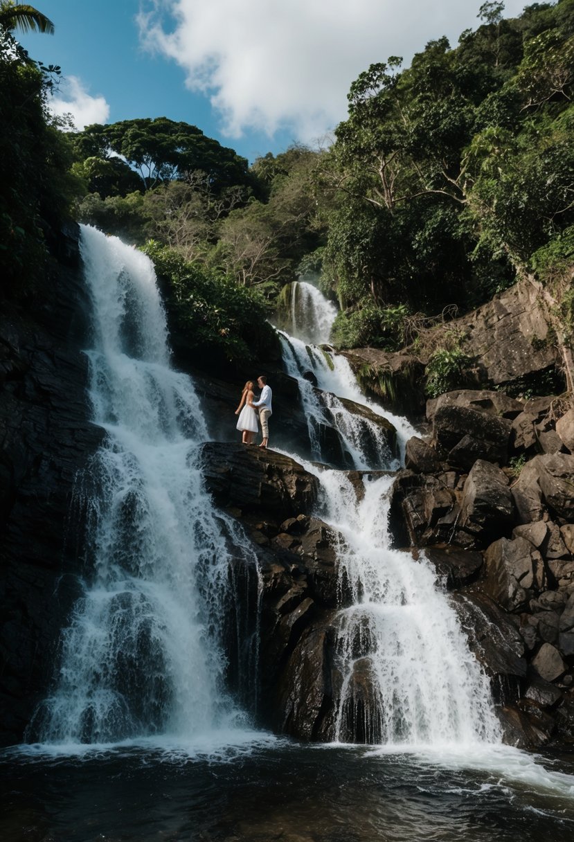 A couple climbs the cascading Dunn's River Falls in Jamaica for their adventurous elopement