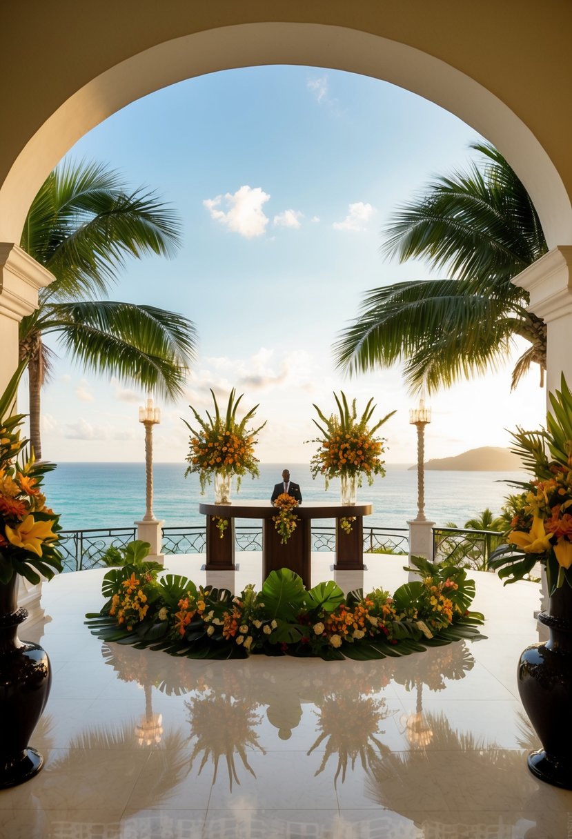 A grand reception area in a luxury villa in Montego Bay, Jamaica, adorned with tropical flowers, elegant decor, and a picturesque view of the ocean