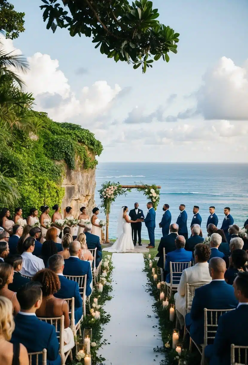 A cliffside wedding ceremony at Rick's Cafe in Jamaica, with the ocean in the background and lush greenery surrounding the venue