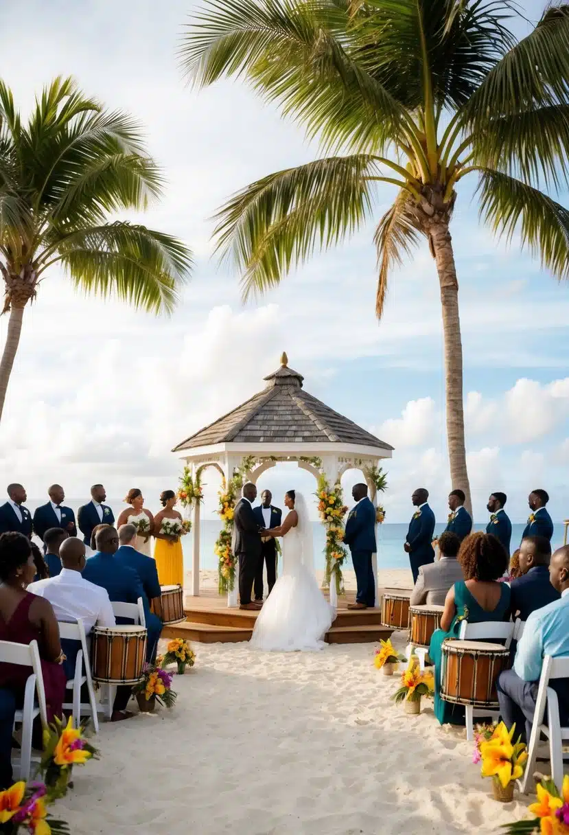 A beachside ceremony with tropical flowers, palm trees, and a gazebo. A steel drum band plays while guests gather for the Jamaican destination wedding