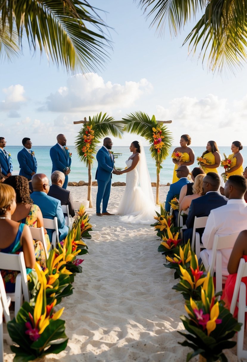 A beachfront ceremony with tropical flowers, reggae music, and traditional Jamaican cuisine