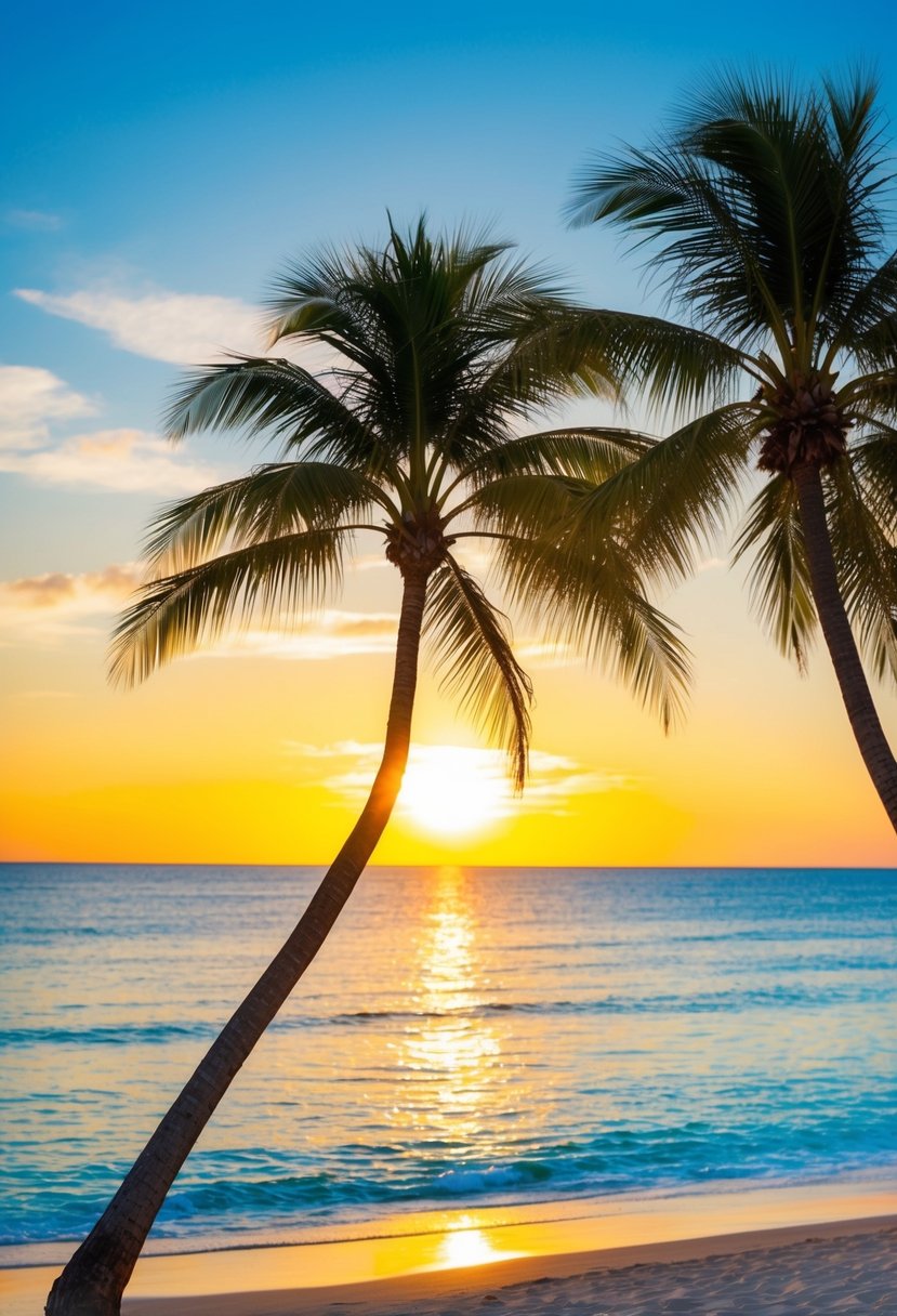 A sunny beach with palm trees, clear blue waters, and a colorful sunset in the background