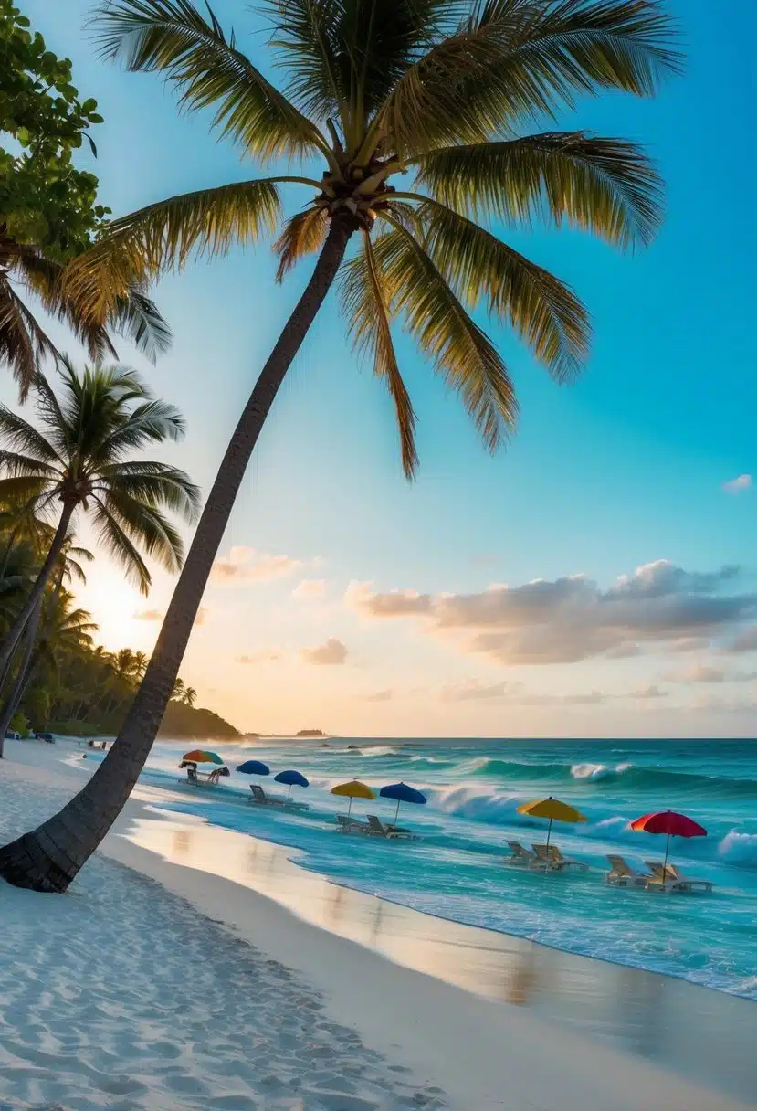 Palm trees sway on white sand, waves crash on turquoise water, and colorful umbrellas dot the beach at sunset in Hawaii