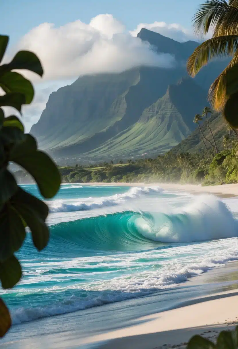 Turquoise waves crash on white sand, framed by lush greenery and towering mountains at Lanikai Beach, one of Hawaii's top 5 beaches