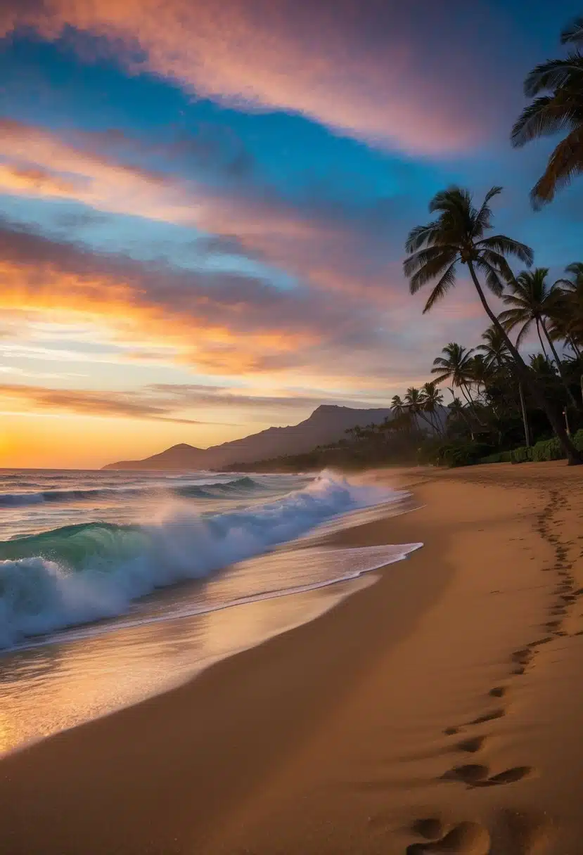 Sunset at Kaanapali Beach, waves crashing on golden sand, palm trees swaying in the warm breeze, and the vibrant colors of the Hawaiian sunset painting the sky