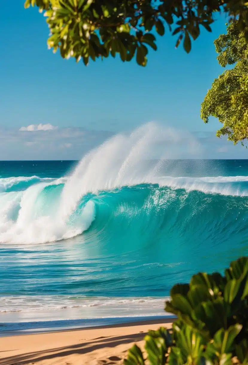 Turquoise waves crash onto golden sand at Hapuna Beach, surrounded by lush greenery and a clear blue sky