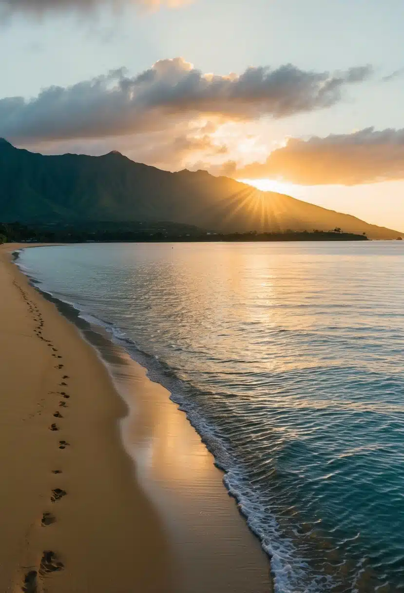The sun sets over the calm waters of Hanalei Bay, with golden sand and lush green mountains in the background