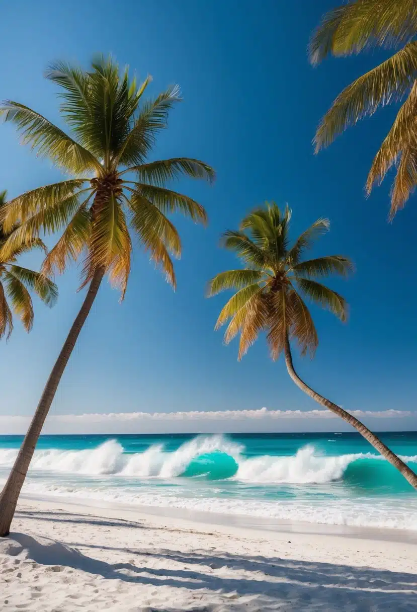 Palm trees sway on white sandy beaches as turquoise waves crash against the shore under a clear blue sky
