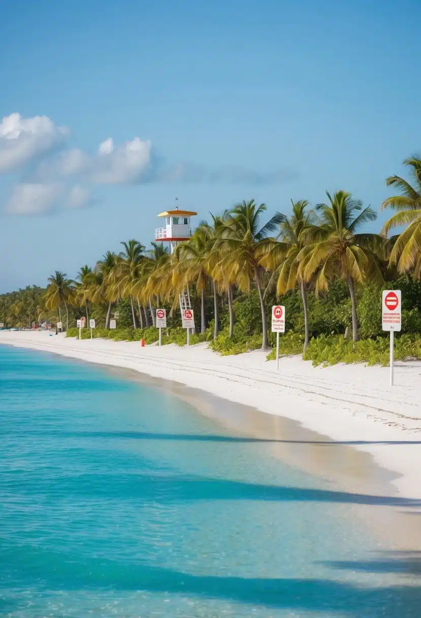 A serene beach with clear blue waters, white sandy shores, and lush green palm trees lining the coast. A lifeguard tower stands tall, and safety signs are posted along the beach