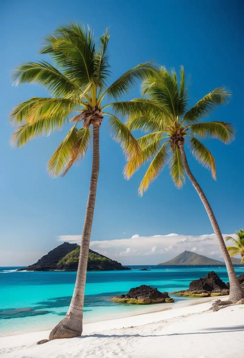 Palm trees sway over white sand and turquoise waters, with volcanic rock formations and colorful marine life dotting the shoreline