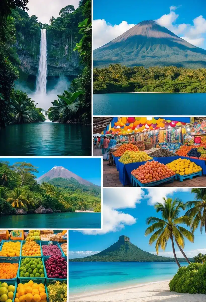 A lush rainforest with a cascading waterfall, a vibrant coral reef teeming with marine life, a majestic volcano looming over a serene lake, a bustling outdoor market filled with colorful fruits and crafts, and a serene beach with palm trees and clear blue waters
