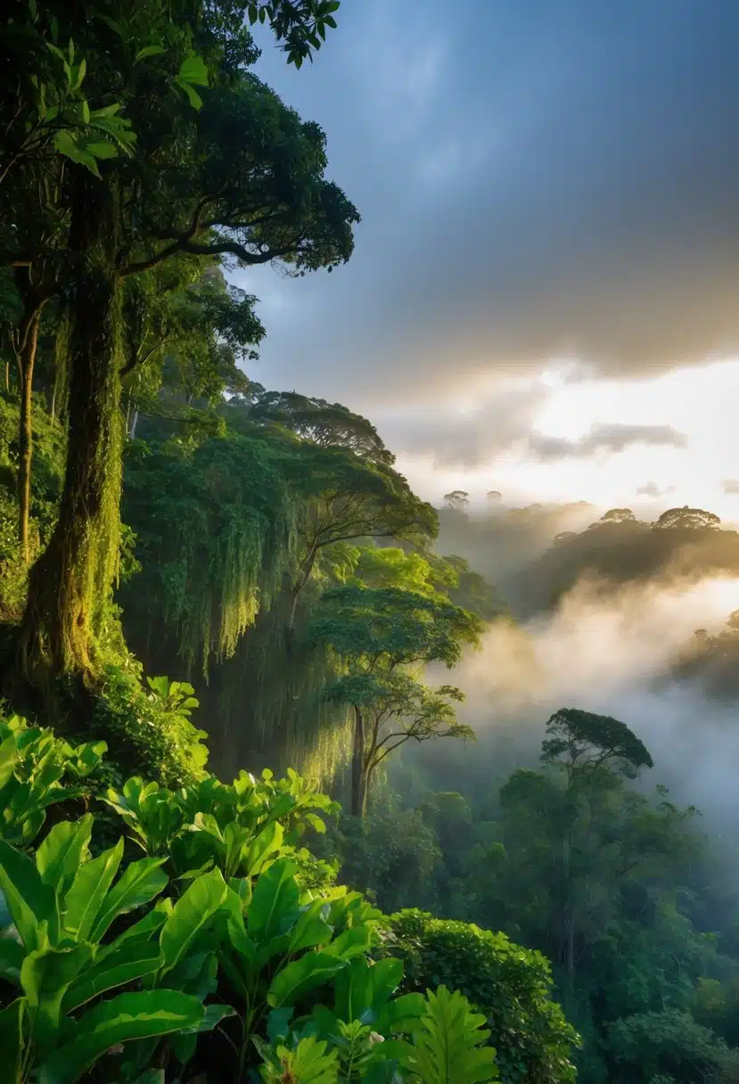 Sunlight filters through dense foliage in Monteverde Cloud Forest Reserve, illuminating a lush and diverse landscape of towering trees, vibrant flora, and misty, ethereal atmosphere