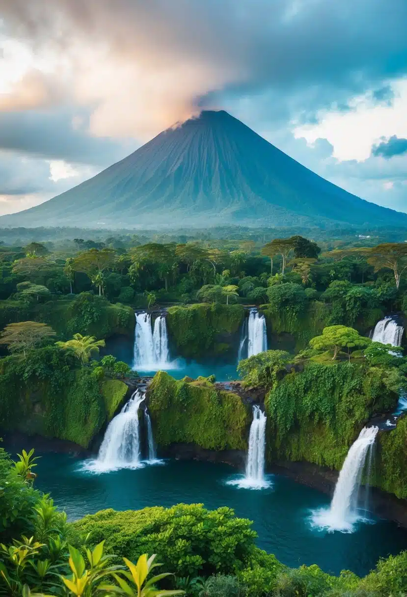 The Arenal Volcano looms over lush rainforest, with hot springs and waterfalls dotting the landscape