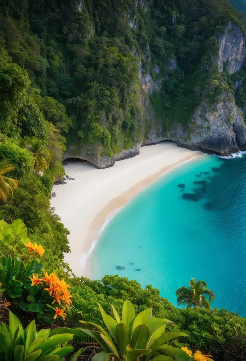 A lush rainforest with vibrant flora and fauna, a pristine white sand beach, crystal clear turquoise waters, and dramatic rocky coastline