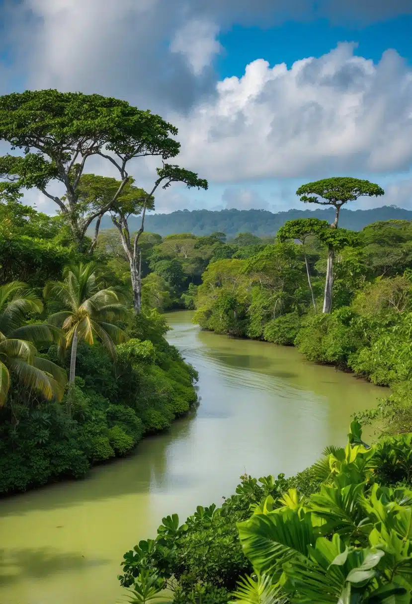 A lush jungle landscape with winding rivers, exotic wildlife, and towering trees in Tortuguero National Park, Costa Rica