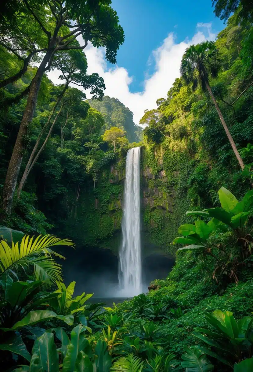 Lush jungle with towering trees, exotic wildlife, and a cascading waterfall in Corcovado National Park, Costa Rica