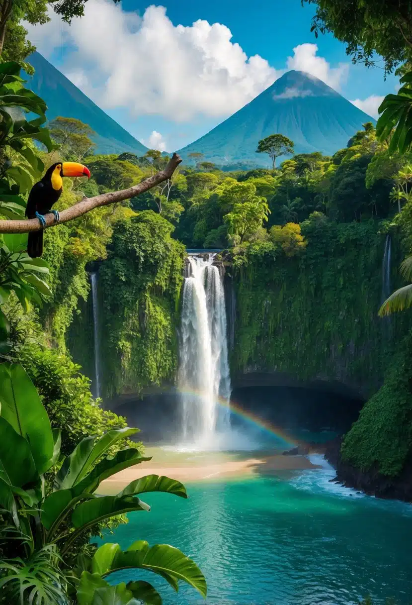 A lush rainforest with cascading waterfalls, colorful toucans, and exotic wildlife, framed by towering volcanoes and pristine beaches