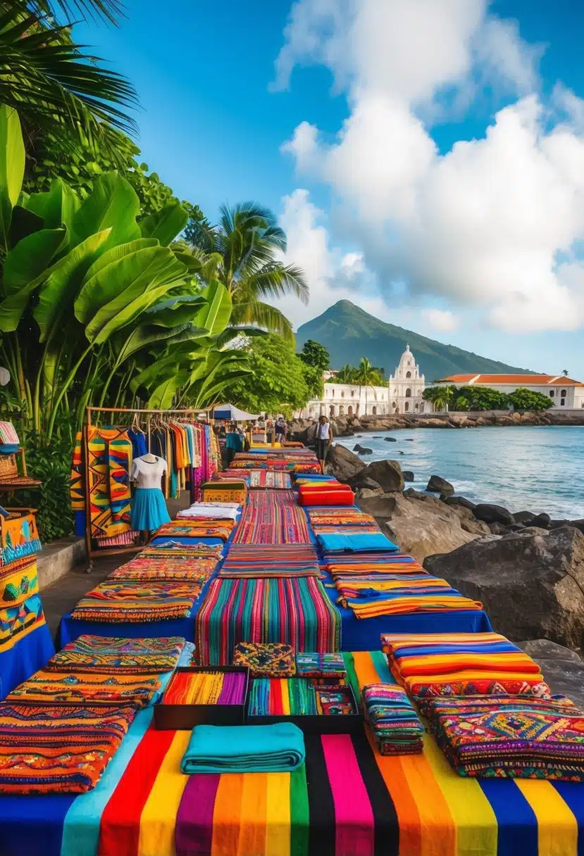 A vibrant market with colorful textiles and traditional crafts, surrounded by lush tropical vegetation and iconic Costa Rican landmarks