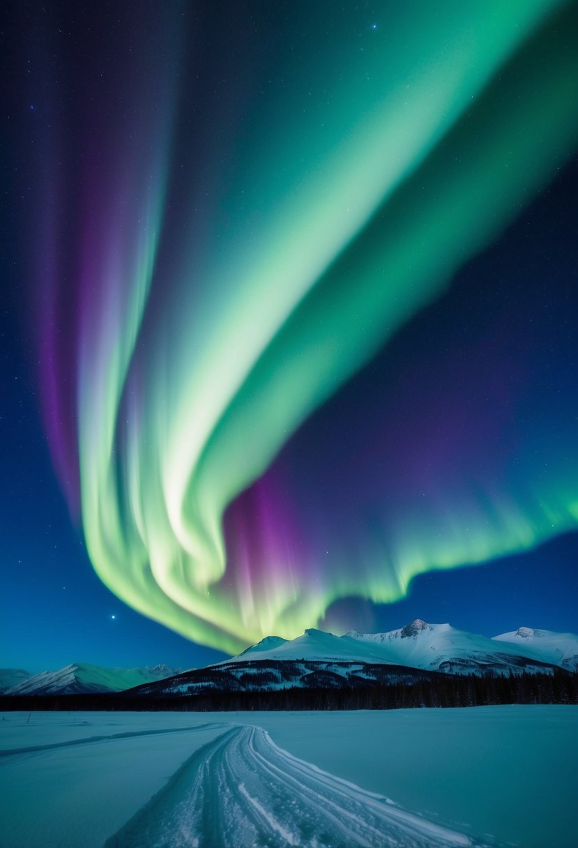 The vibrant colors of the Alaska northern lights swirl and dance across the night sky, casting an ethereal glow over the snowy landscape