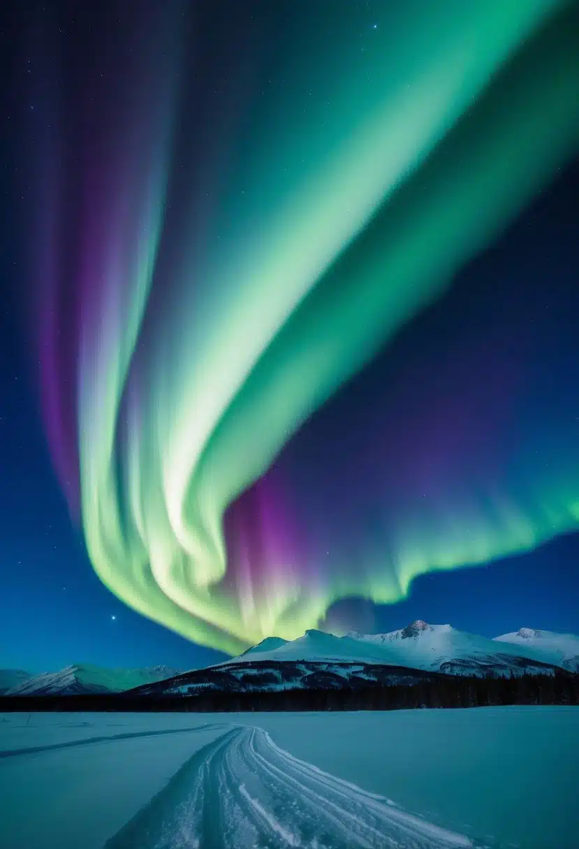 The vibrant colors of the Alaska northern lights swirl and dance across the night sky, casting an ethereal glow over the snowy landscape