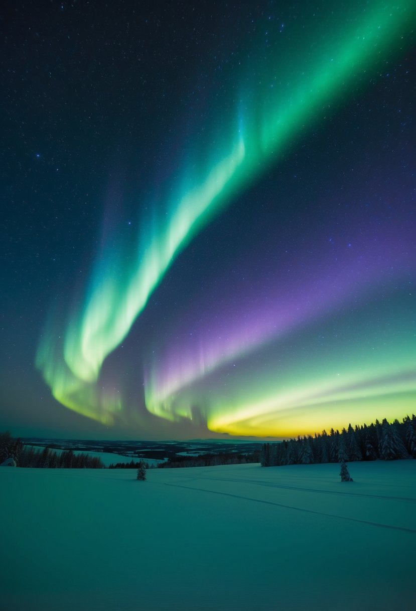 Vibrant green and purple streaks dance across the night sky, casting an ethereal glow over the snowy landscape