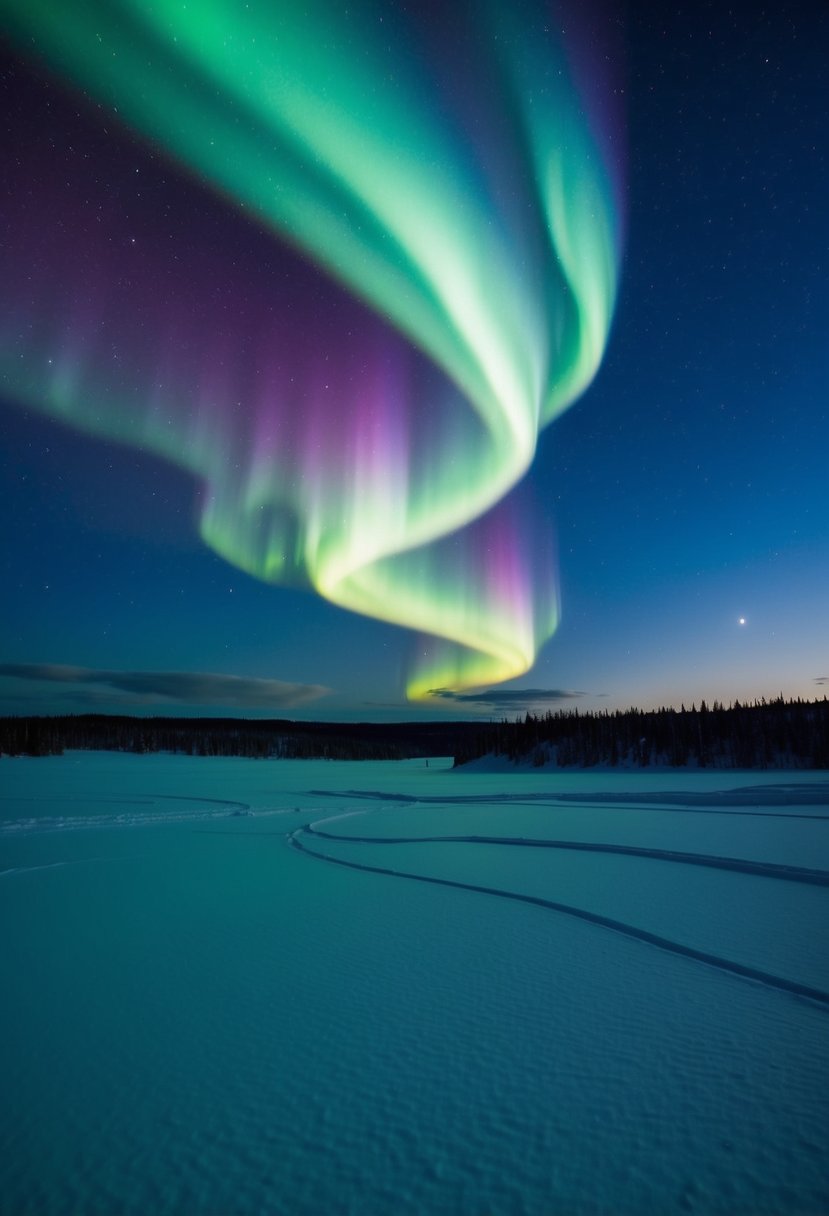 A dark, snowy landscape with a clear night sky above. The vibrant colors of the northern lights dance and swirl across the horizon, creating a breathtaking display of natural beauty