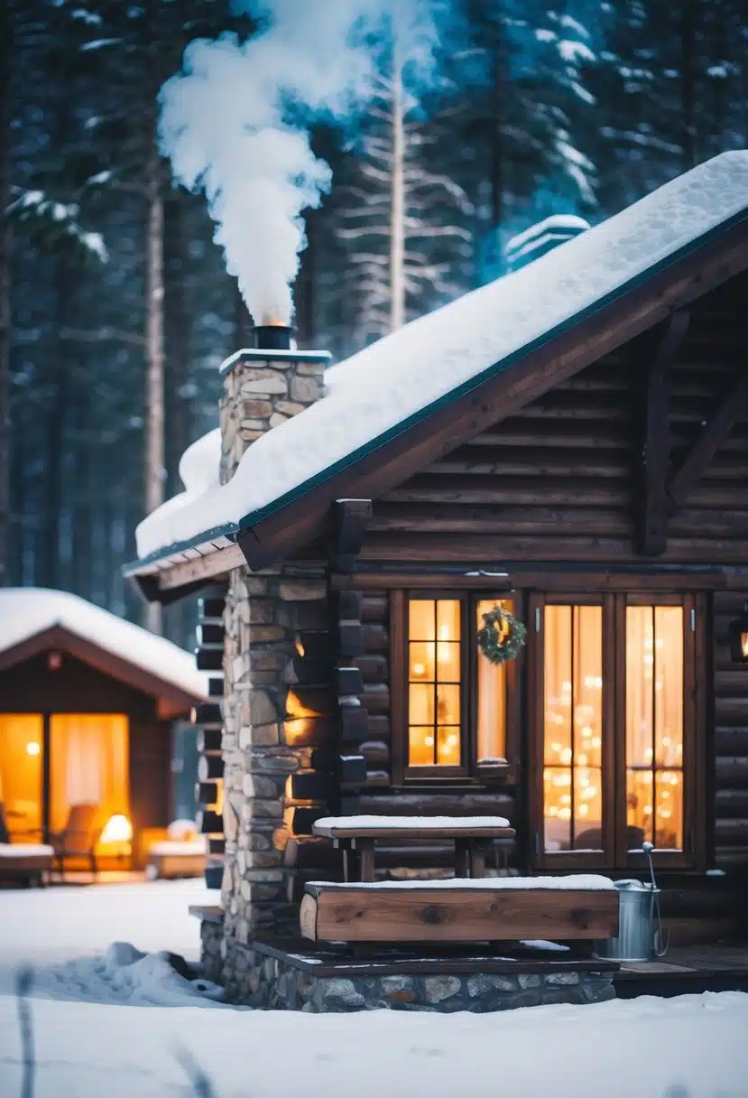 A cozy cabin nestled in a snowy forest, smoke curling from the chimney, warm light glowing from the windows