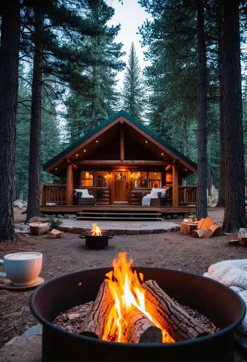A cozy cabin nestled in the woods, surrounded by tall pine trees and a crackling fire pit. A warm, inviting interior with plush blankets, rustic decor, and a steaming cup of hot cocoa