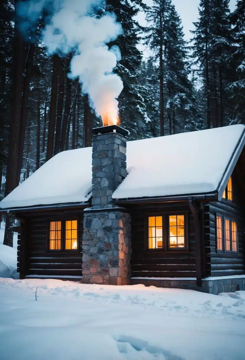 A cozy cabin nestled in a snowy forest, smoke curling from the chimney, with a warm glow emanating from the windows